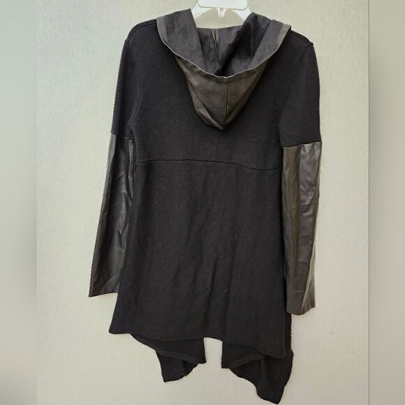 Moon Collection- Black‎ Faux Leather Trim Long Hoodie Jacket md - Picture 4 of 10